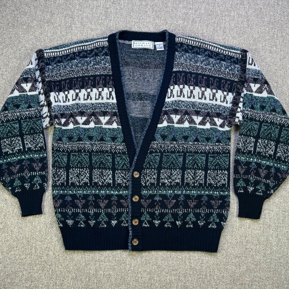 Michael Gerald Mens Vintage‎ Patterned Cardigan Sweater Large Blue Green Acrylic